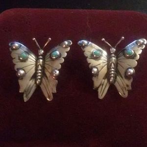 Vintage Mexican Silver Turquoise Butterfly Brooch